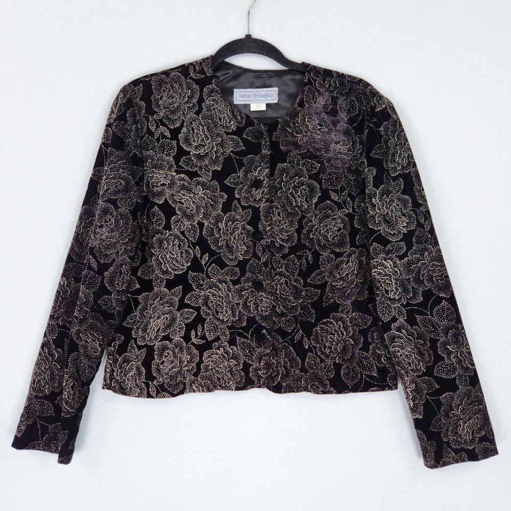 Vintage Norton McNaughton Jacket Womens 10 Black Purple Floral Velvet Blazer